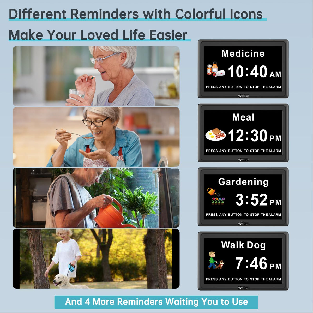 Soobest Dementia Clock three ringtones and adjustable volume in use