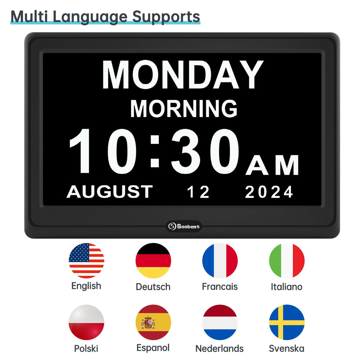 Soobest dementia clock language options for broader accessibility.
