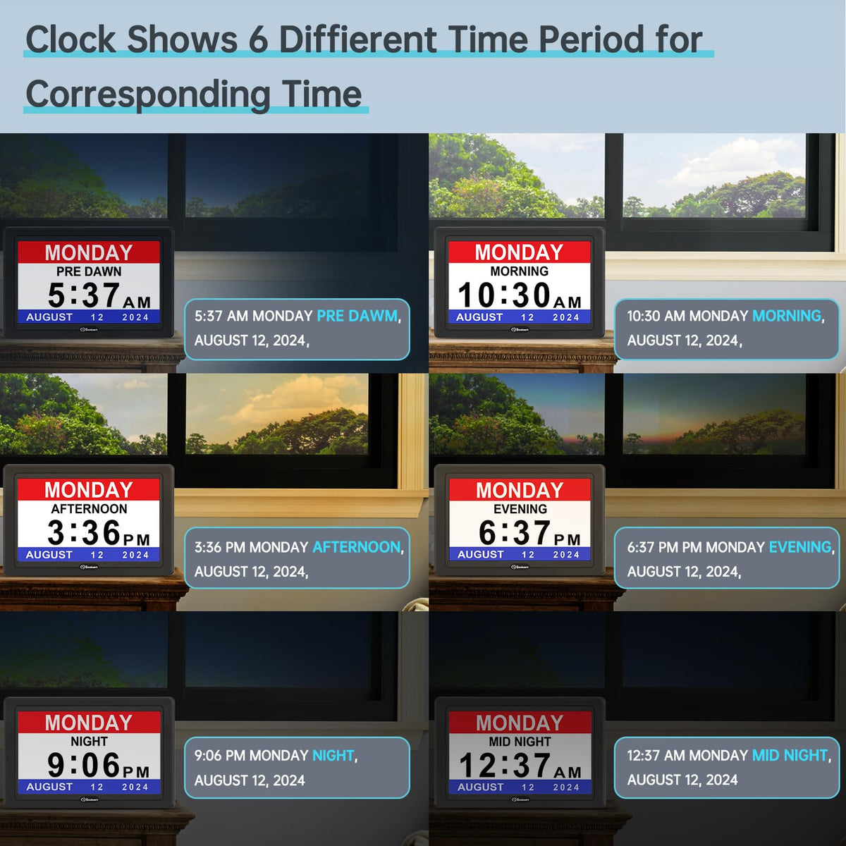 Soobest Dementia Clock six time-period display across the day