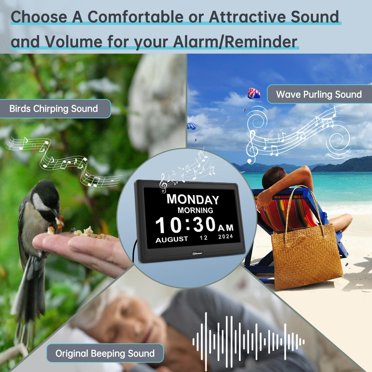 Soobest dementia clock features three alarm sounds and adjustable volume.
