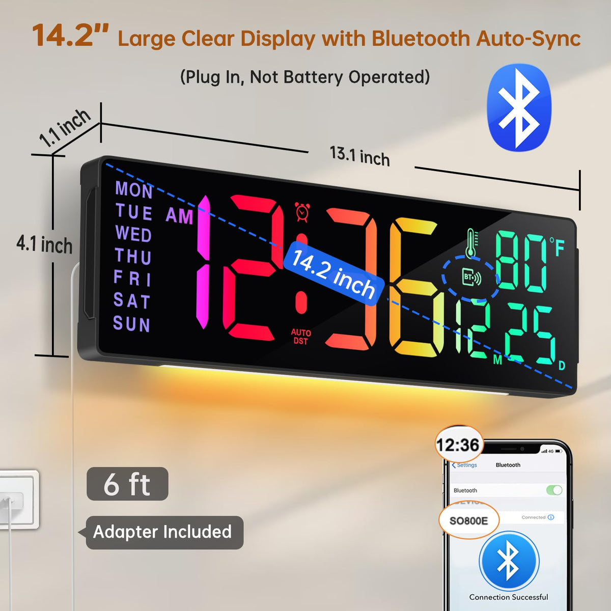 Soobest LED digital clock close-up showing large digits for quick glance at date and temp.