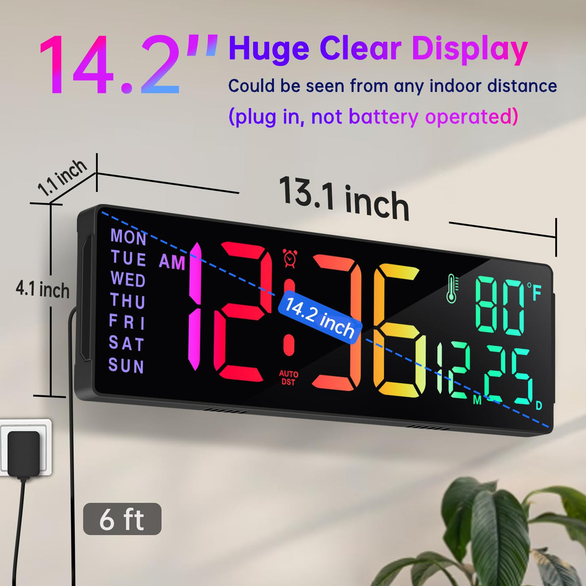 Soobest clock shows time, date, day, and temperature on one screen