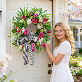 Soomeir 24-inch wreath featuring bold ribbon for entry focal point.