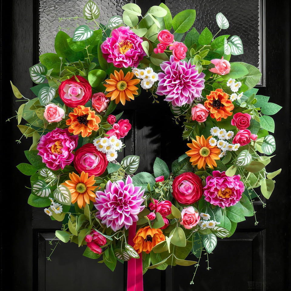 Soomeir 24-inch wreath with dahlias, peonies, and daisies boosts curb appeal for front doors.