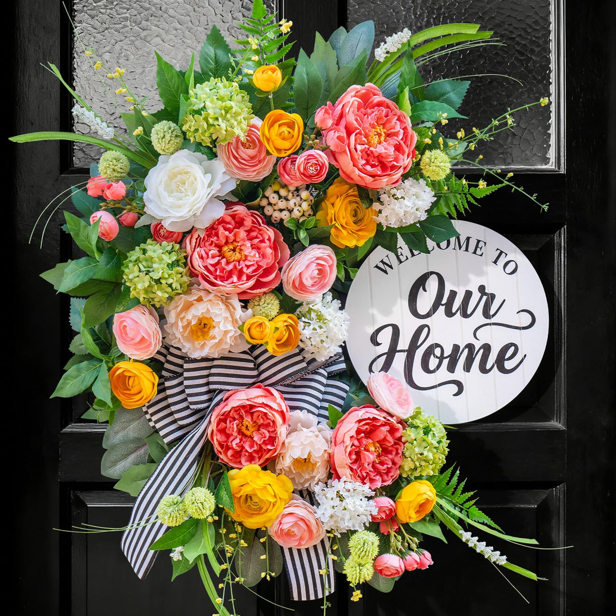 Soomeir 24-inch half-moon wreath with peonies, roses and dalia for vibrant curb appeal