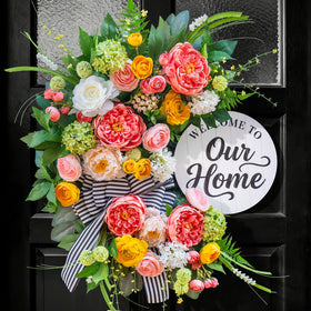 Soomeir 24-inch half-moon wreath with peonies, roses and dalia for vibrant curb appeal
