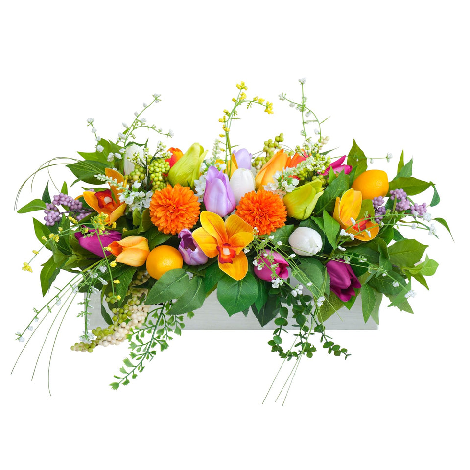 Soomeir artificial tulip-dahlia centerpiece with lemons brightens dining tables