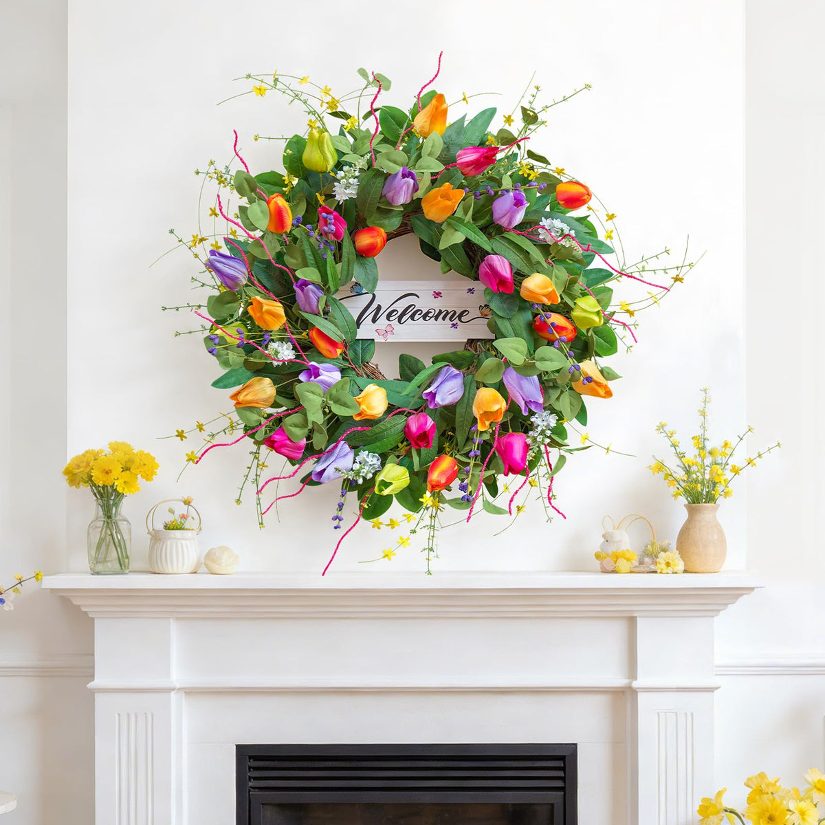 Soomeir greenery-leaves-wreath complements exterior styling and door colors.