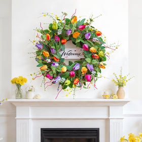 Soomeir greenery-leaves-wreath complements exterior styling and door colors.