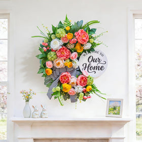 Soomeir half-moon wreath featuring farmhouse welcome sign for warm entry