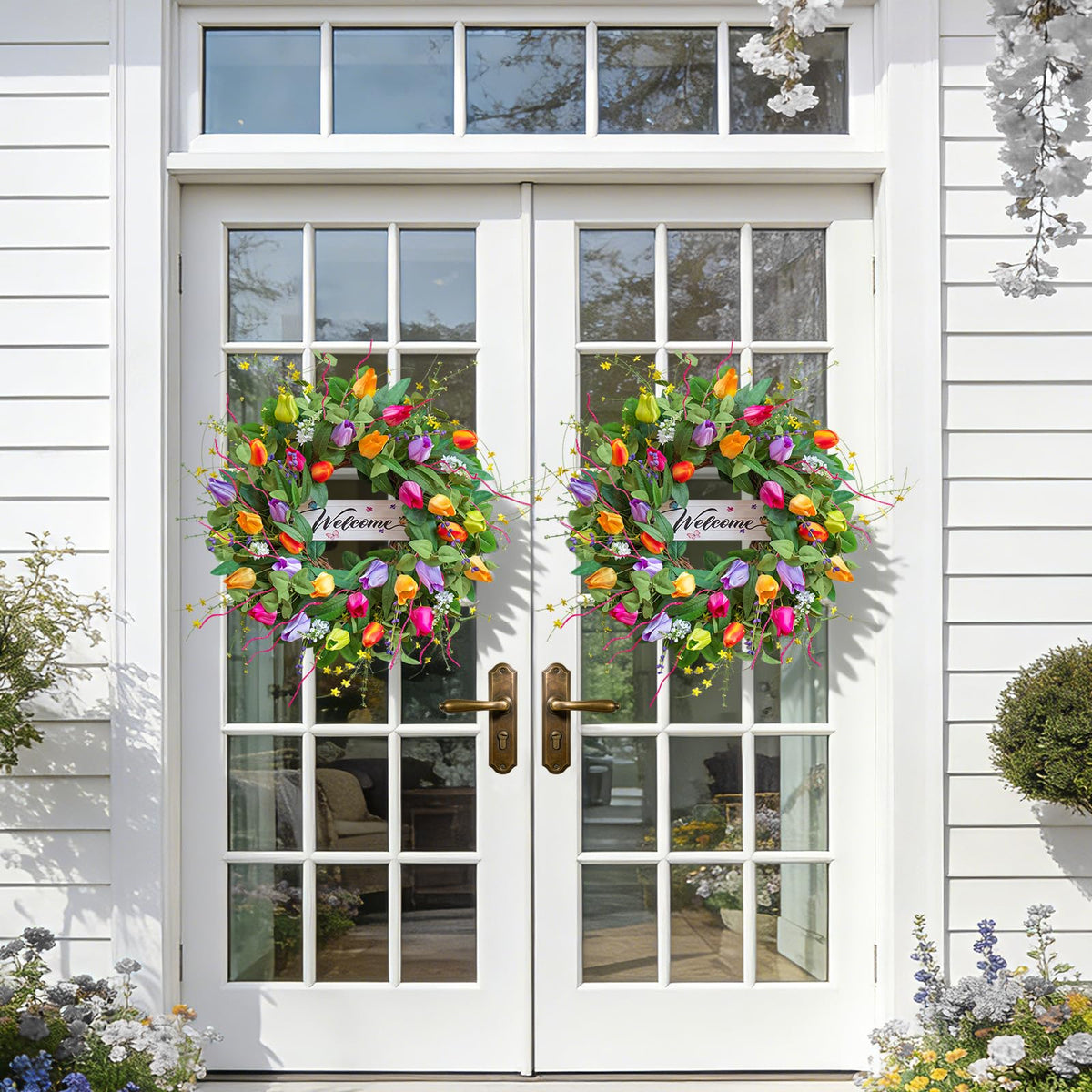 Soomeir porch-entryway-wreath-display adds seasonal charm to your exterior.