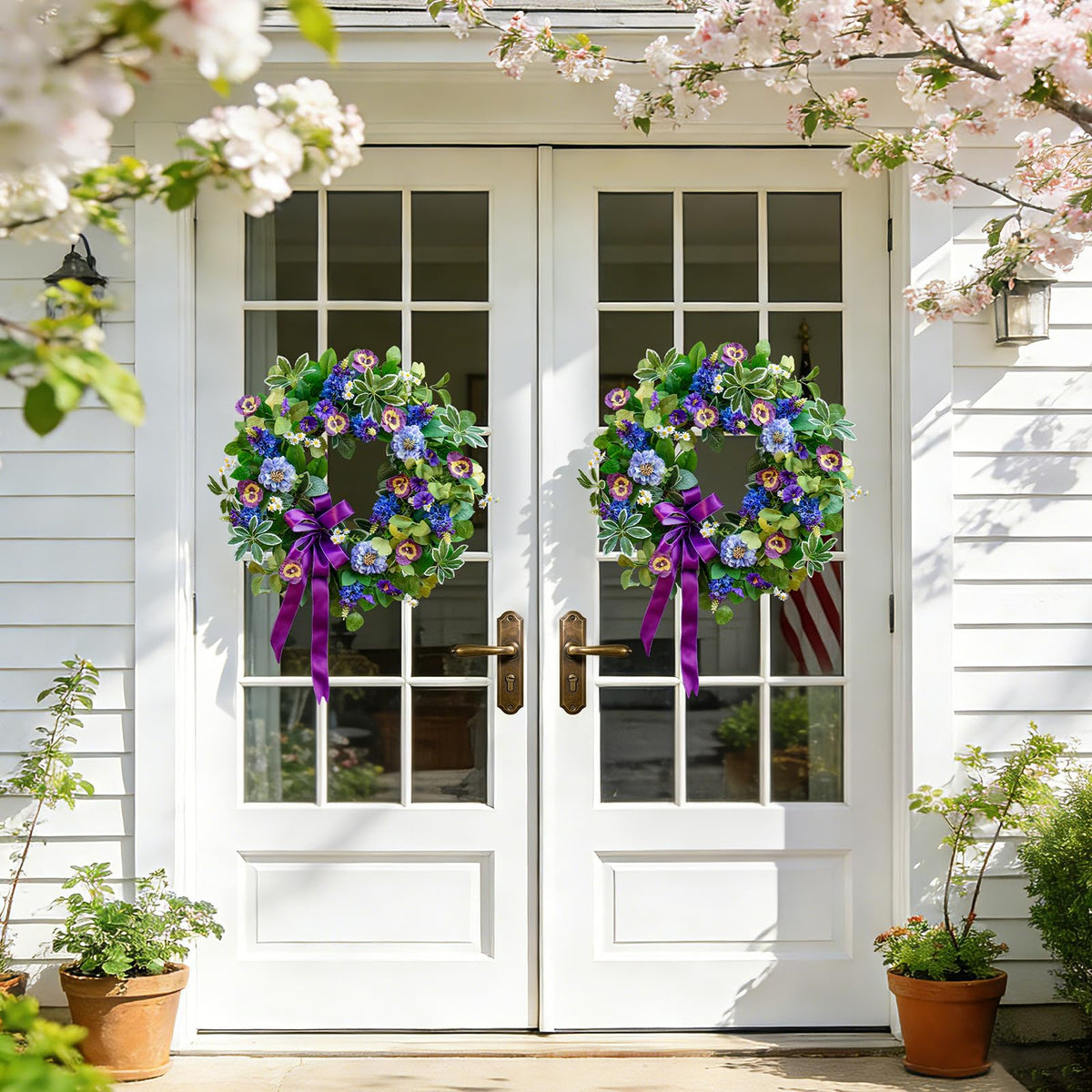 Soomeir purple satin ribbon wreath adds elegant porch accent.