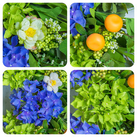 Soomeir silk hydrangea wreath highlighting white blossoms for bright seasonal decor.