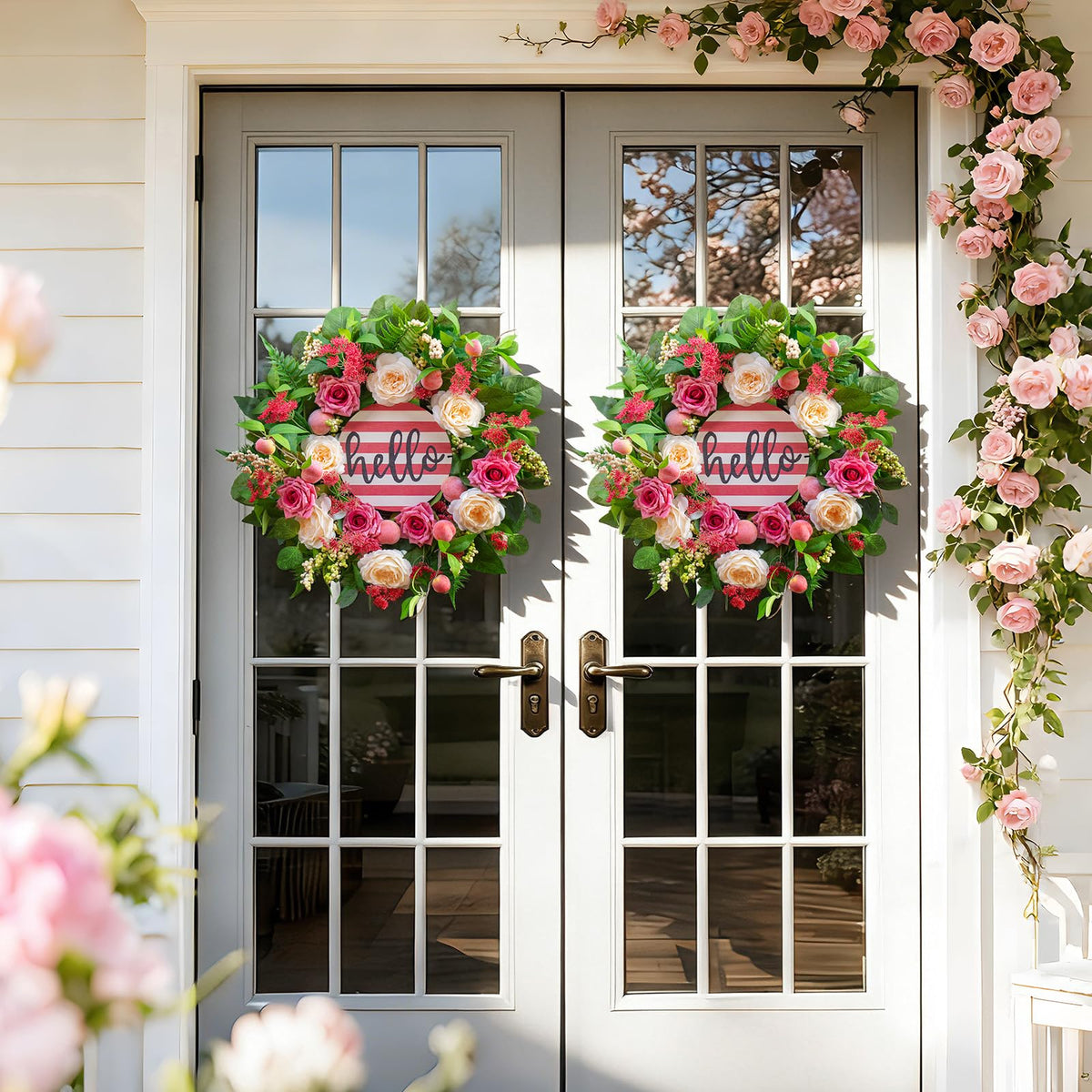 Soomeir farmhouse pink peach theme wreath adds warm seasonal appeal.