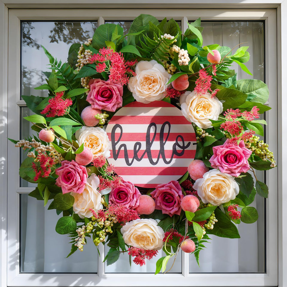 Soomeir Spring-Summer Wreath on front door with hello sign, inviting curb appeal.