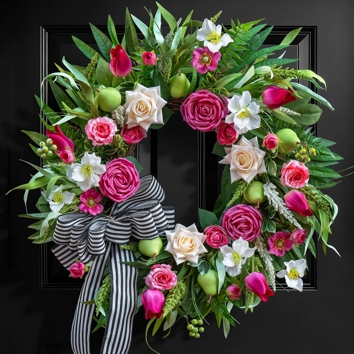 Soomeir spring-summer wreath for front door with roses and tulips.