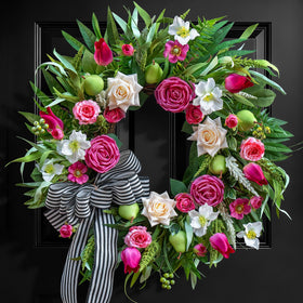 Soomeir spring-summer wreath for front door with roses and tulips.