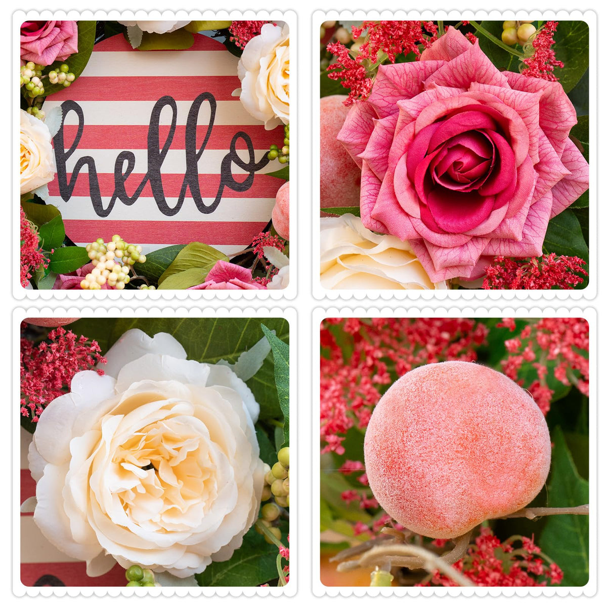 Soomeir wreath close-up of pink roses and peaches for farmhouse charm.