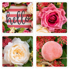 Soomeir wreath close-up of pink roses and peaches for farmhouse charm.