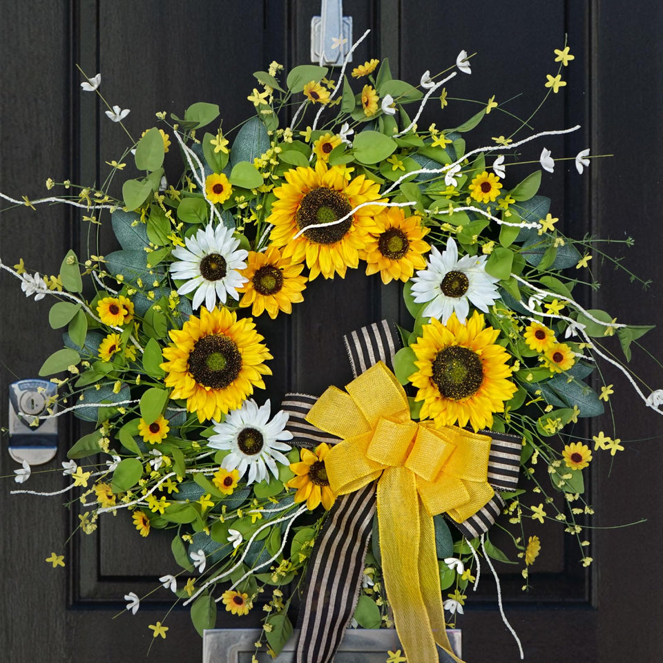 Soomeir sunflower wreath on the front door boosts curb appeal with vibrant spring hues.