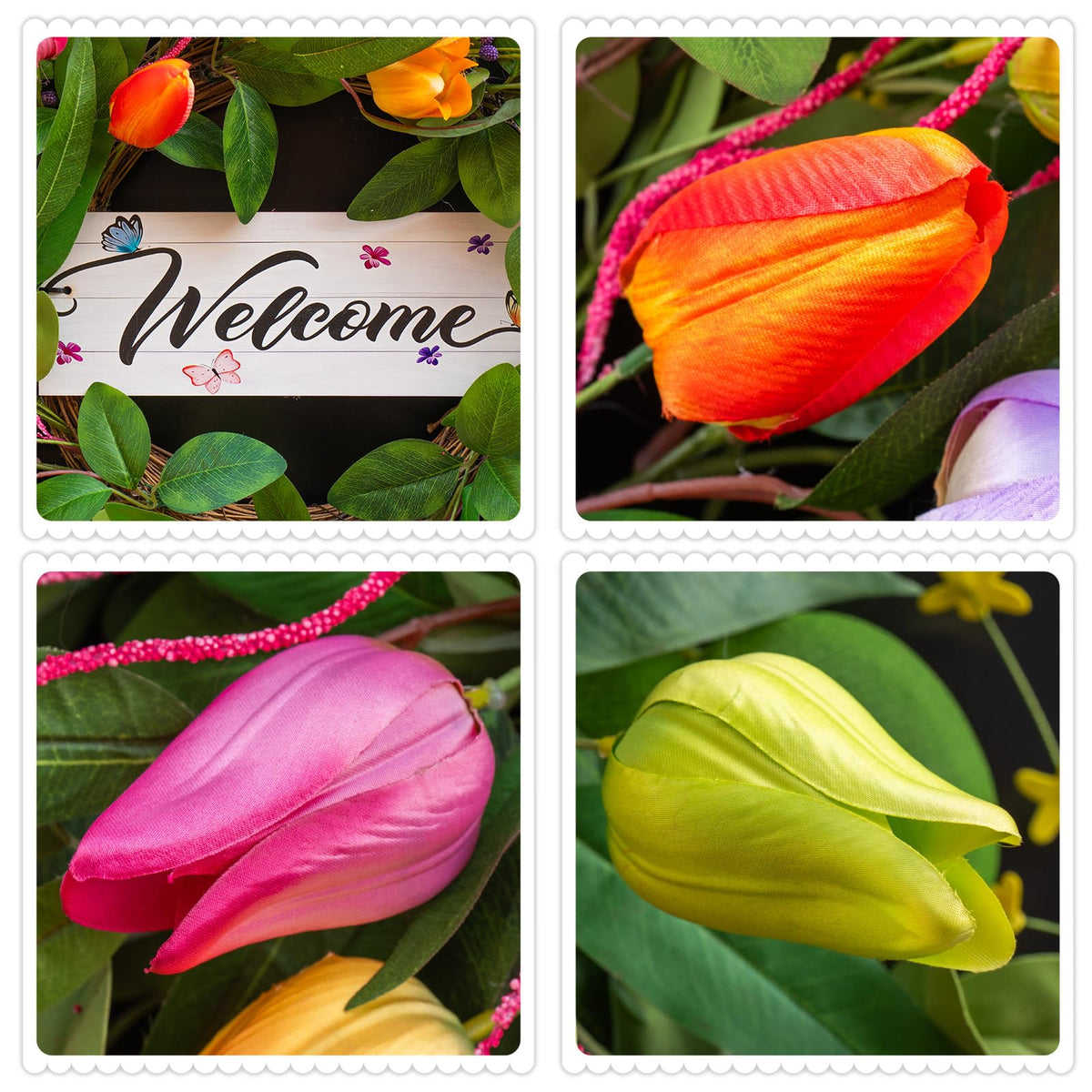 Soomeir tulips-greenery-wreath-detail showcases vibrant blooms and lush foliage.
