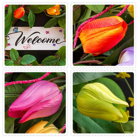 Soomeir tulips-greenery-wreath-detail showcases vibrant blooms and lush foliage.