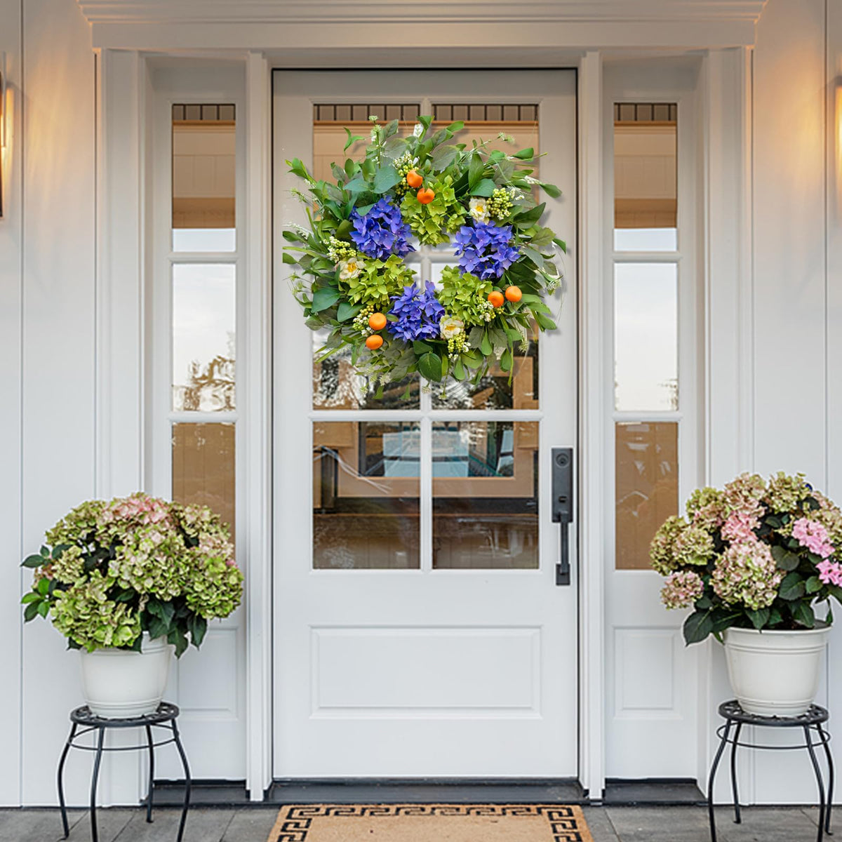 Soomeir vibrant hydrangea wreath brightens porches and walls.