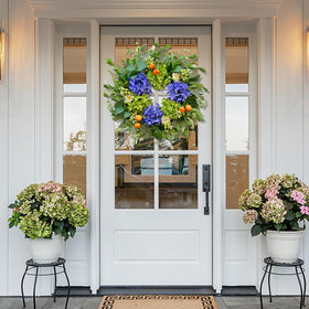 Soomeir vibrant hydrangea wreath brightens porches and walls.