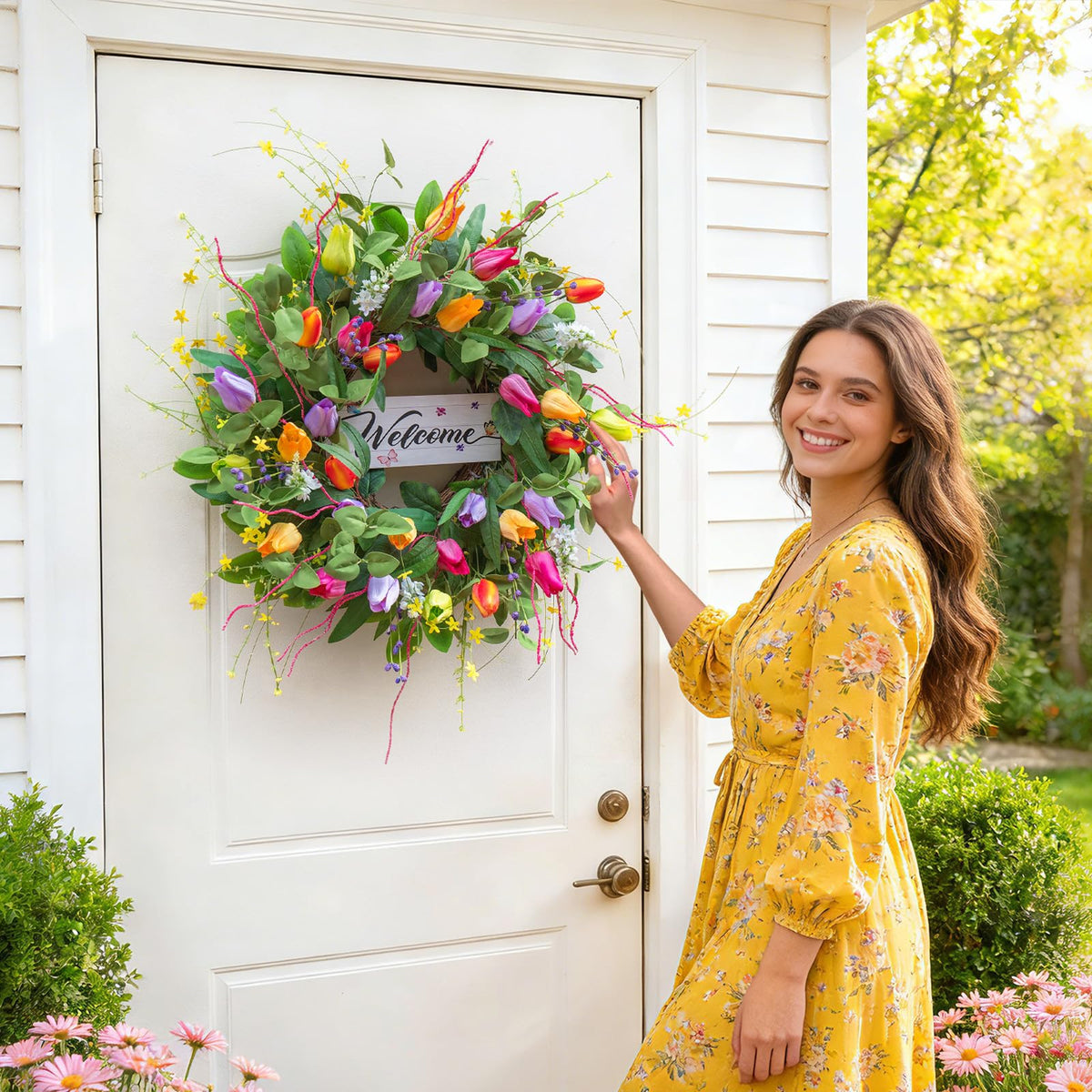 Soomeir welcome-sign-wreath-closeup highlights an inviting front entrance.