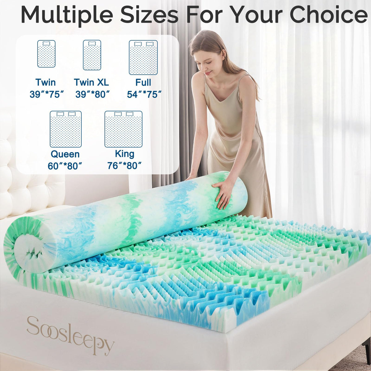 Soosleepy dorm room scene featuring compact topper that fits college beds.