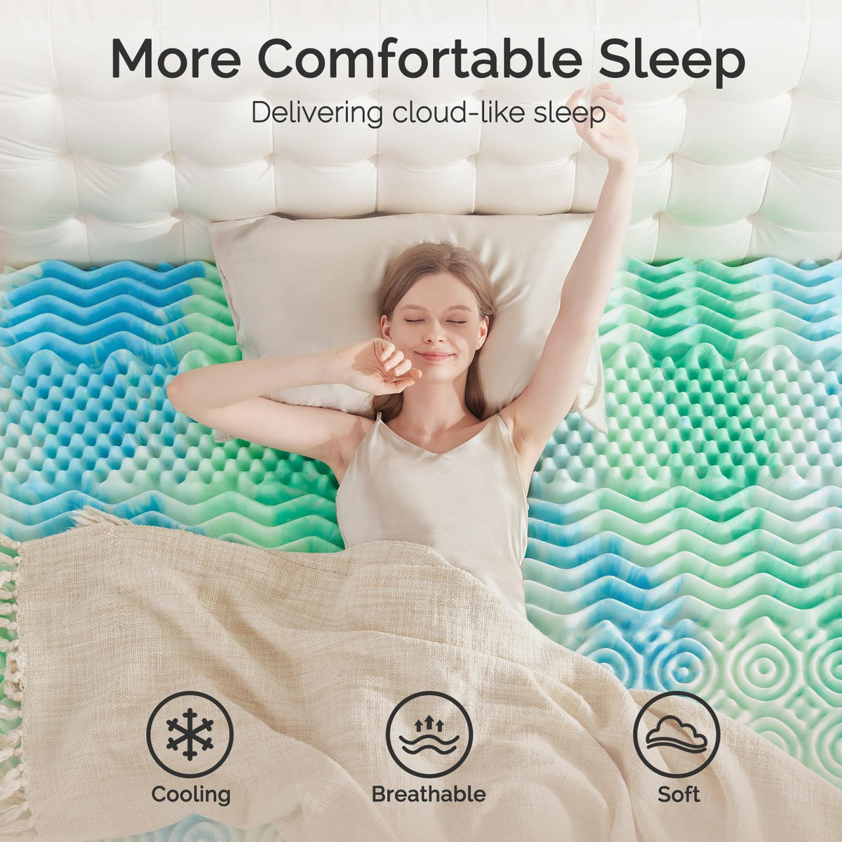 Soosleepy egg crate foam design boosts comfort with added airflow and pressure relief.