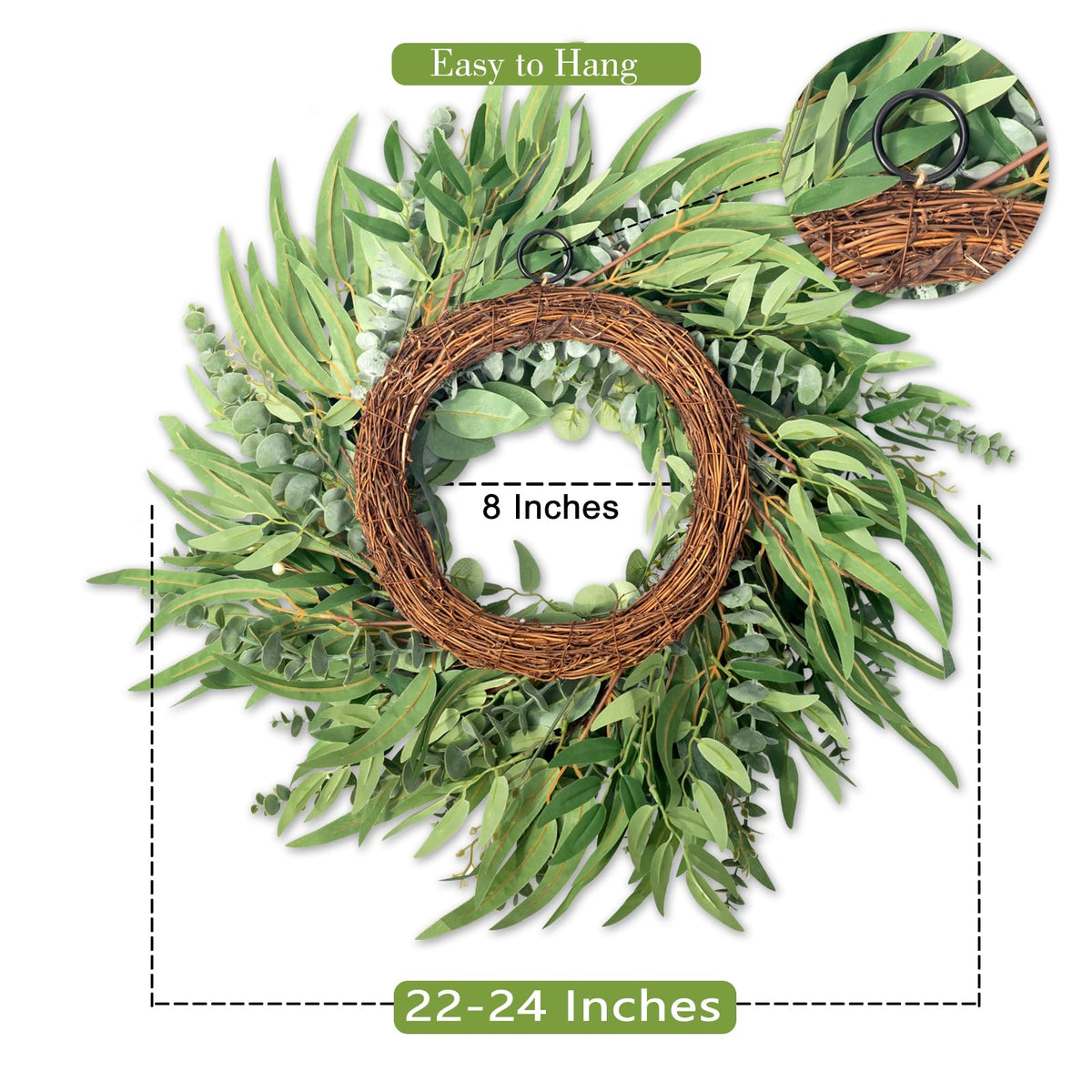 Soosubel artificial eucalyptus wreath showcases realistic greenery for versatile decor.