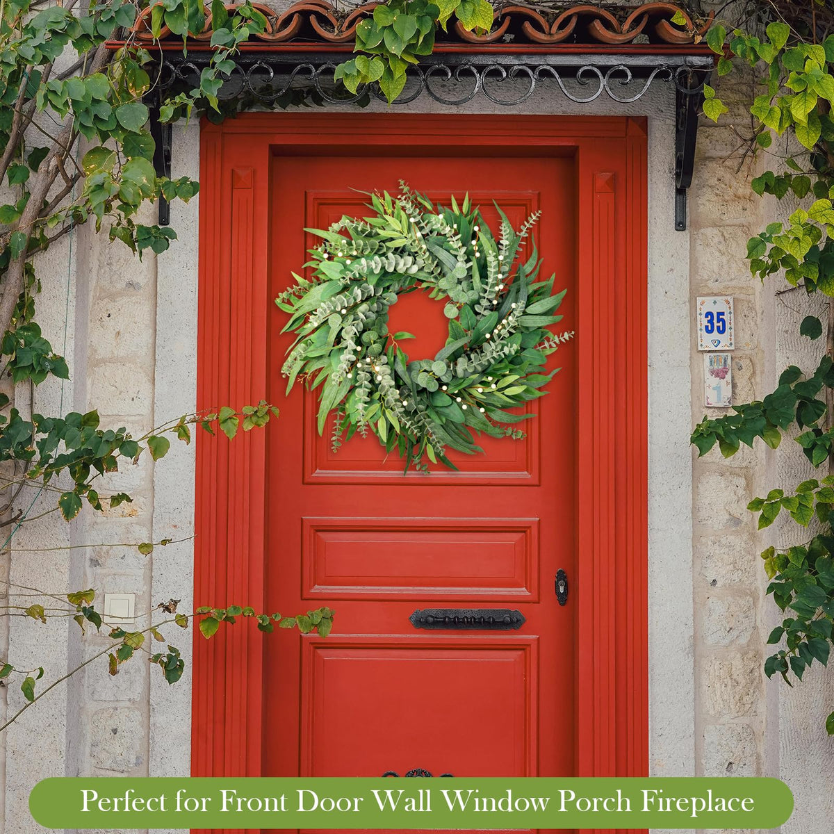 Soosubel eucalyptus wreath features three types of leaves and white berries.