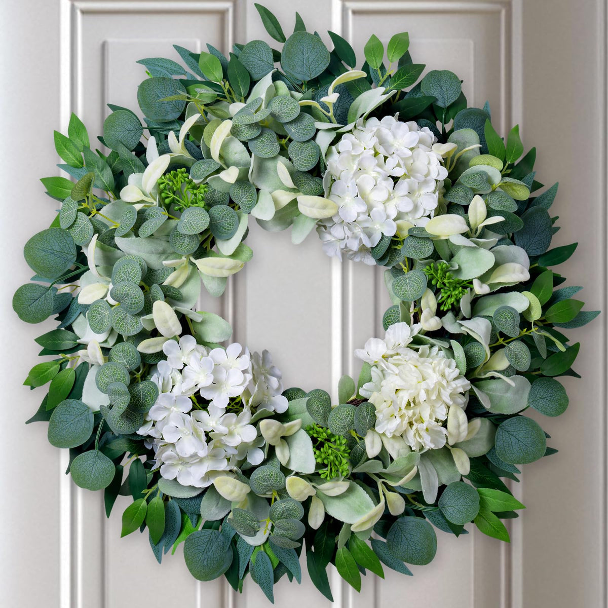 Soosubel 22-inch front door wreath with hydrangea and eucalyptus boosts curb appeal.