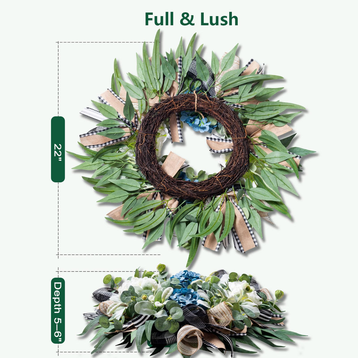 Soosubel hydrangea and eucalyptus create lush, lifelike focal point for entryways