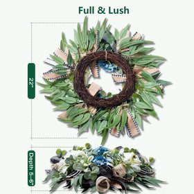 Soosubel hydrangea and eucalyptus create lush, lifelike focal point for entryways
