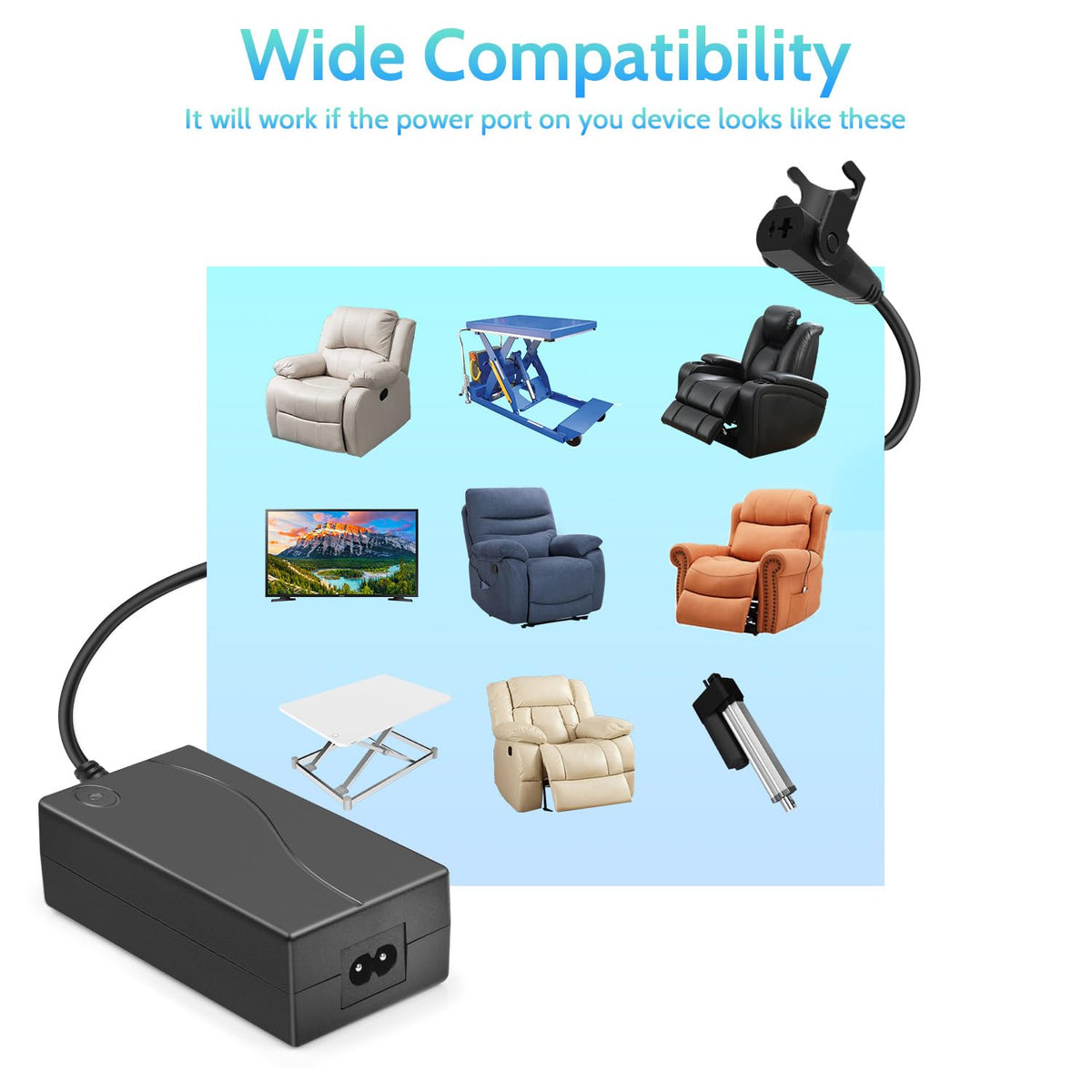 Sopito Y-splitter cable powers two recliners from one outlet.