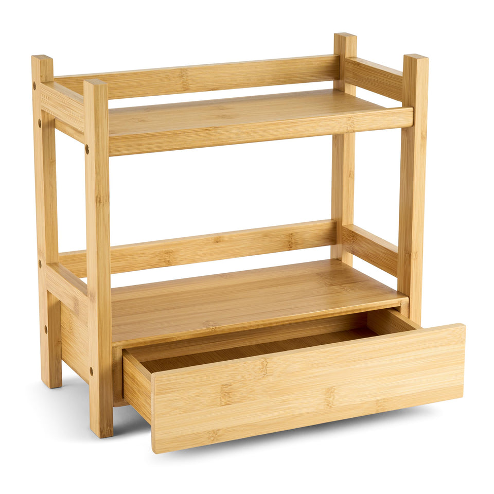 Sorbus bamboo counter organizer two-tier design for compact vanity storage.