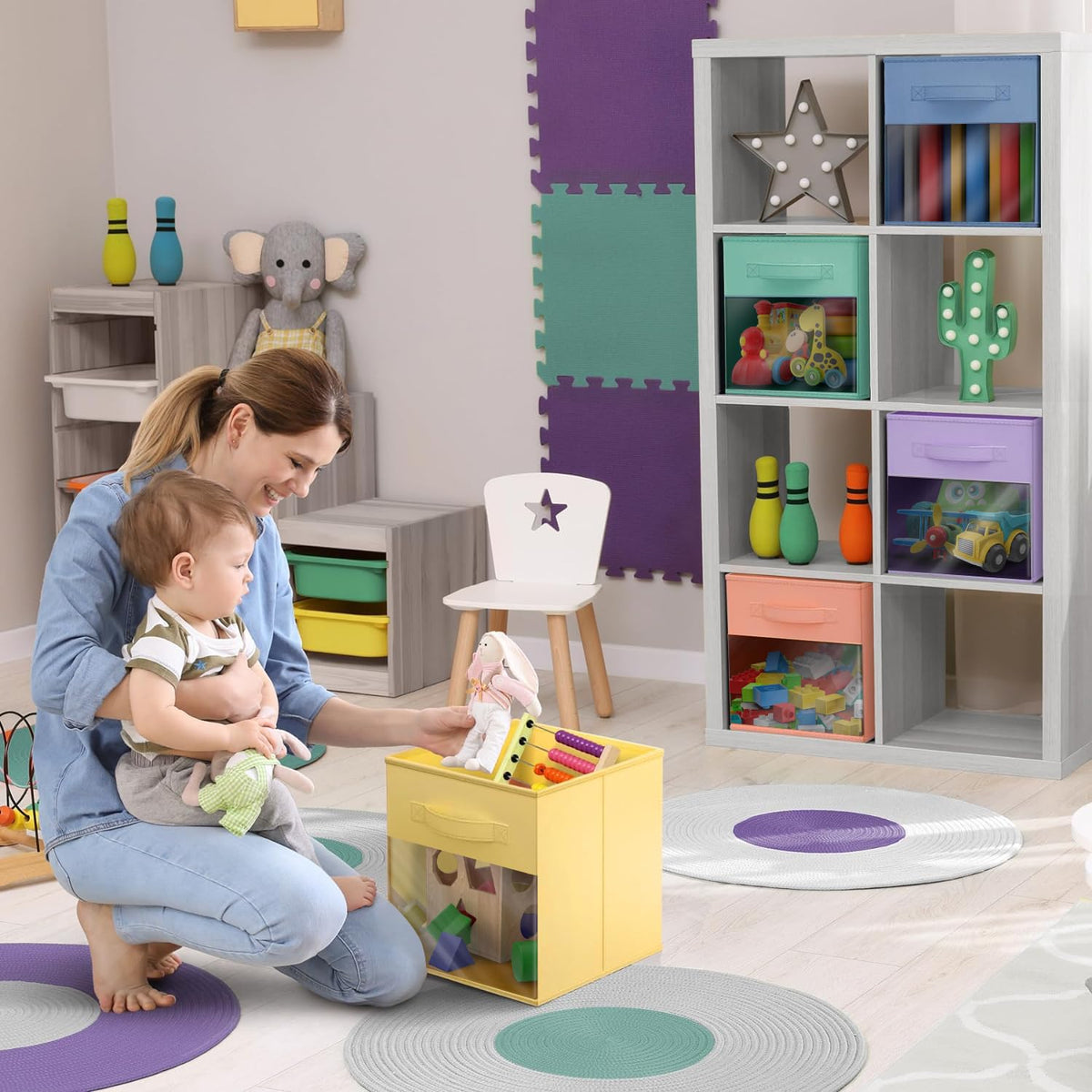 Sorbus bin on shelf organizes textiles and toys at a glance.