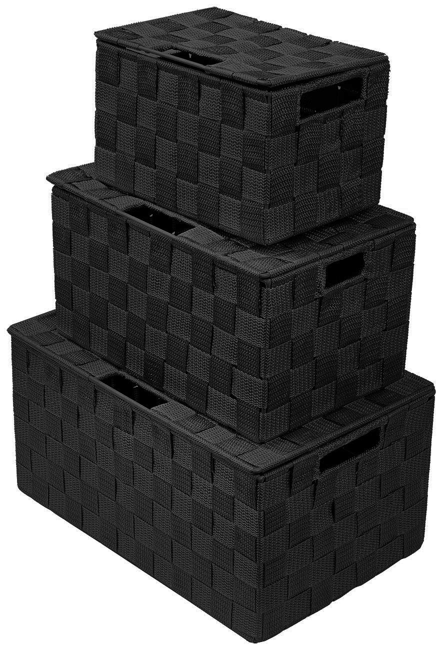 Sorbus black woven basket with lid, large view, ideal for closet organization.