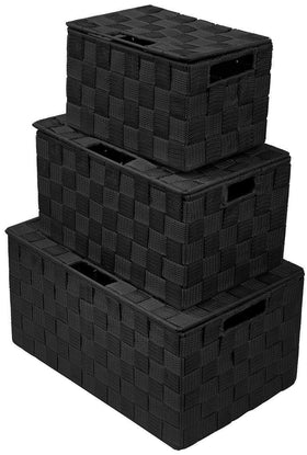 Sorbus black woven basket with lid, large view, ideal for closet organization.