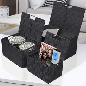 Sorbus black woven basket with lid, stacked on a shelf for efficient storage.