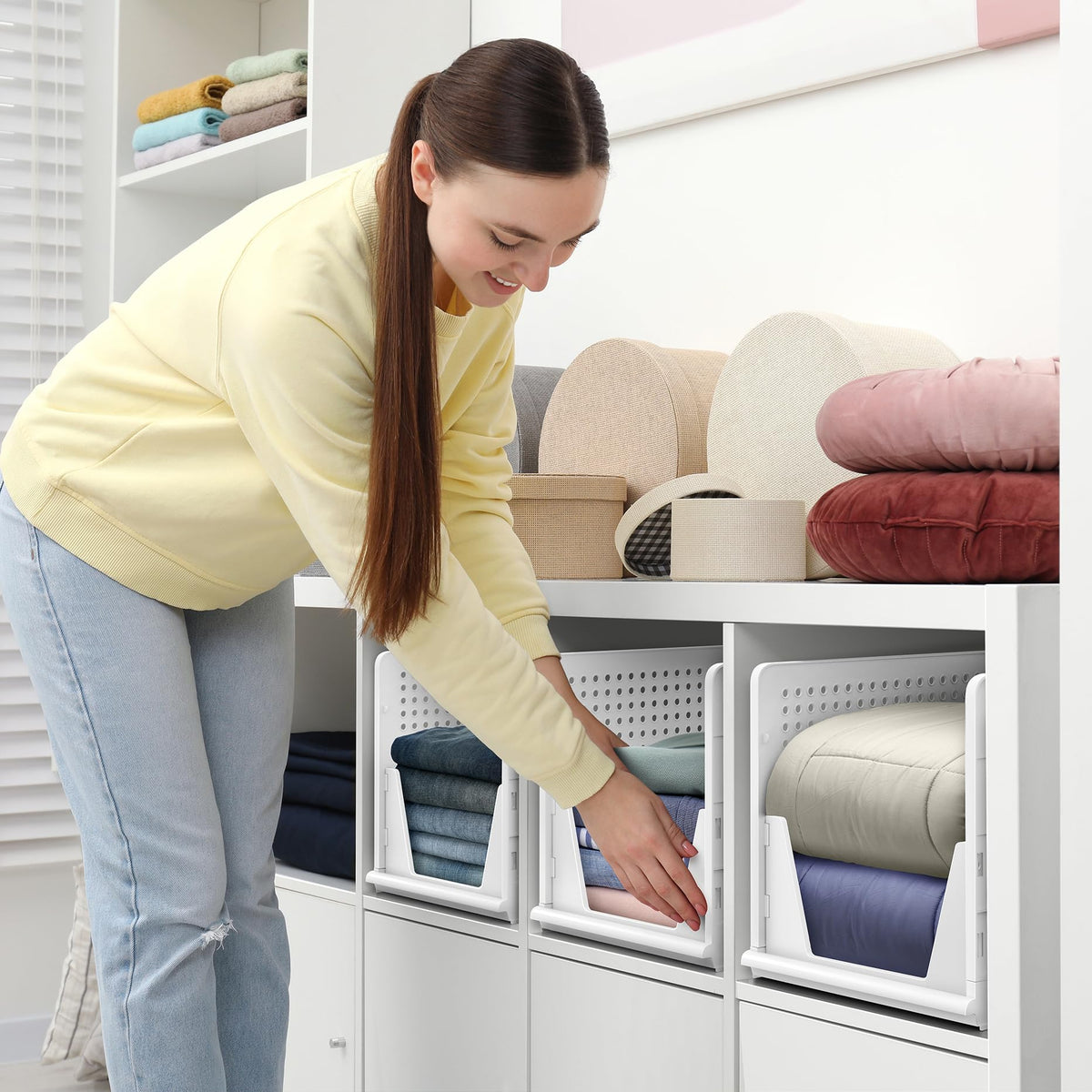 Sorbus bedroom storage bin on top shelf for sweaters and socks.
