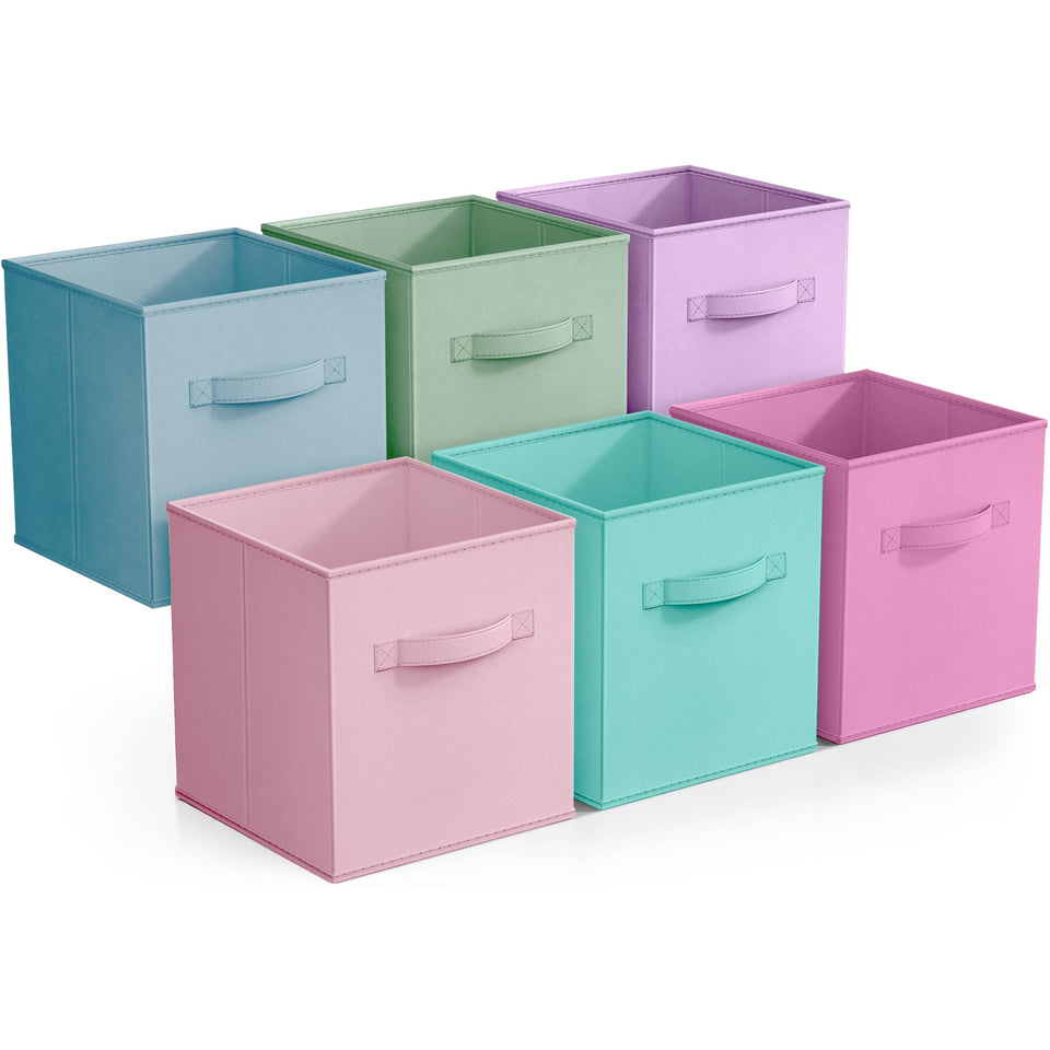 Sorbus fabric storage cubes six-pack neatly organized on a pantry shelf