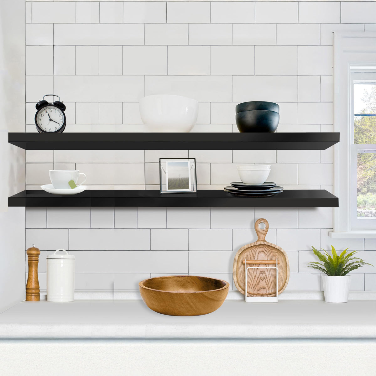 Sorbus shelf in living room displaying art and decor for organization.