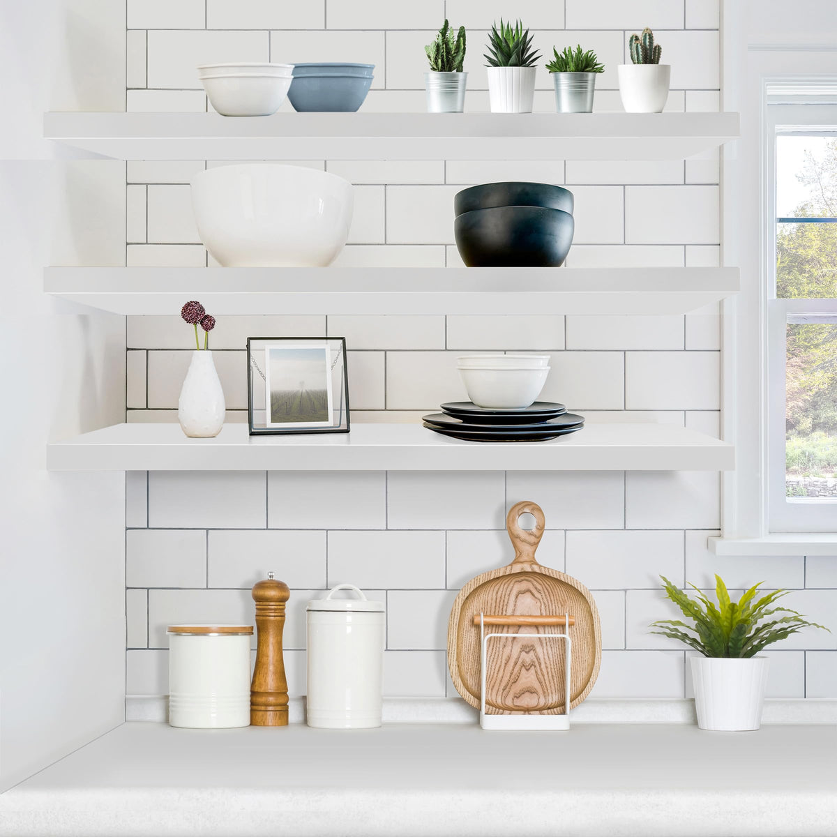 Sorbus kitchen decor white floating shelf organizes spices and cups.