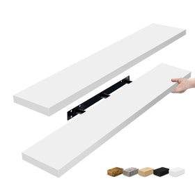 Sorbus 48in white floating shelves during assembly with invisible brackets.