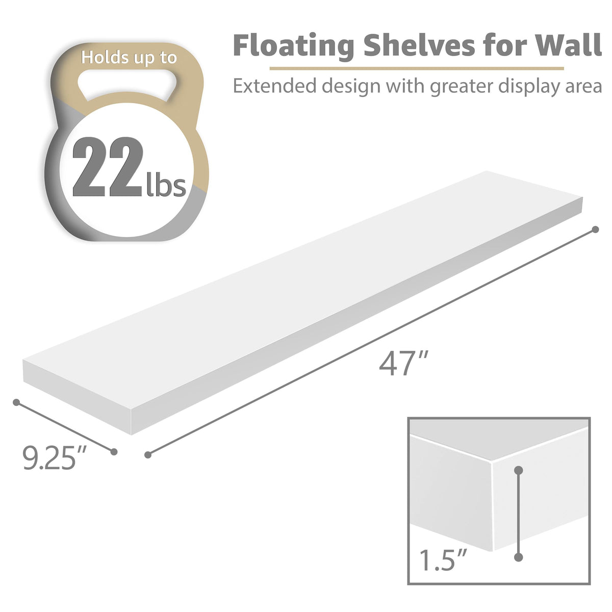 Sorbus 48in white floating shelves with concealed brackets for a clean look.