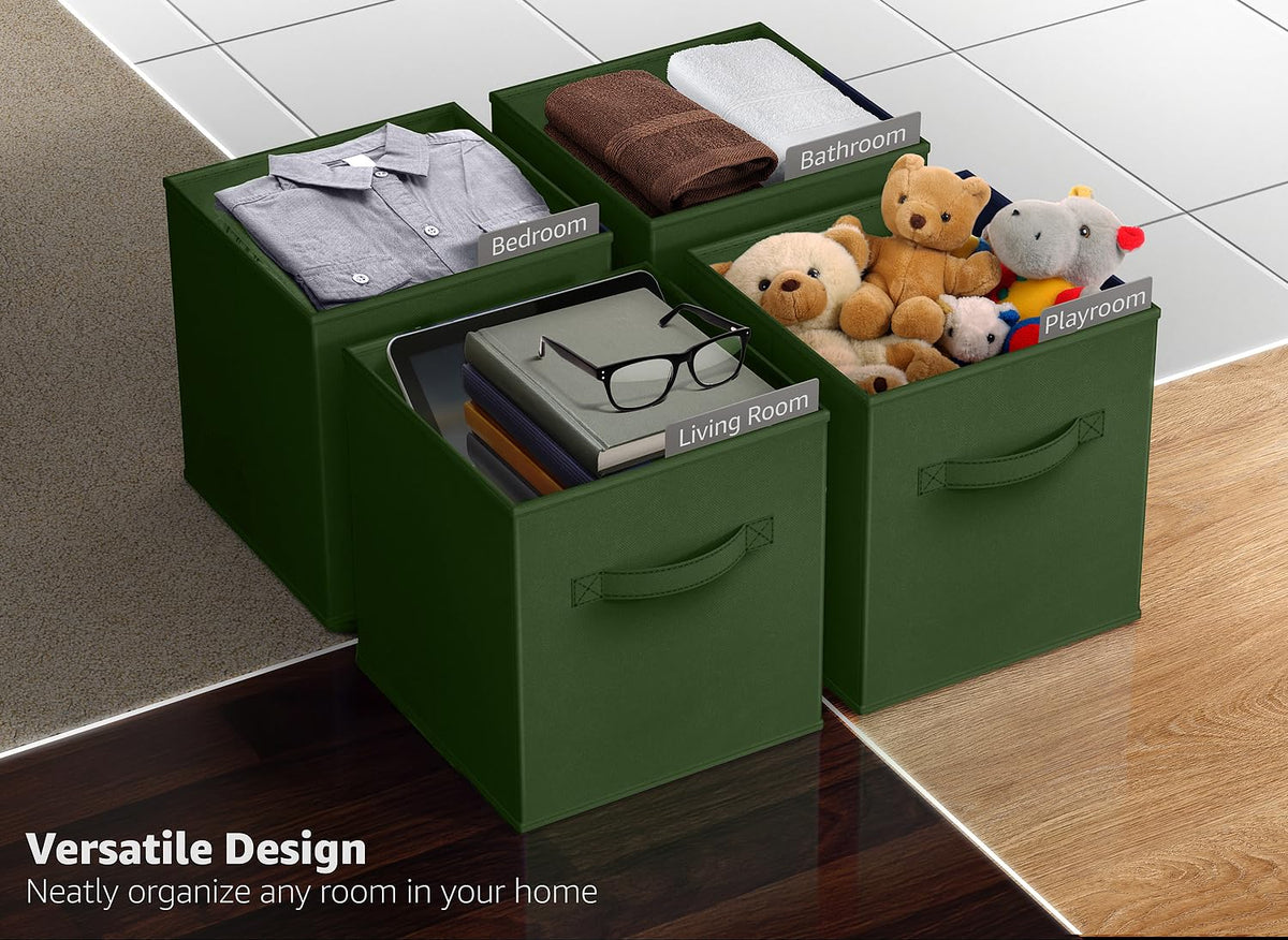 Sorbus dark green storage cubes stacked in a toy area for tidy play space