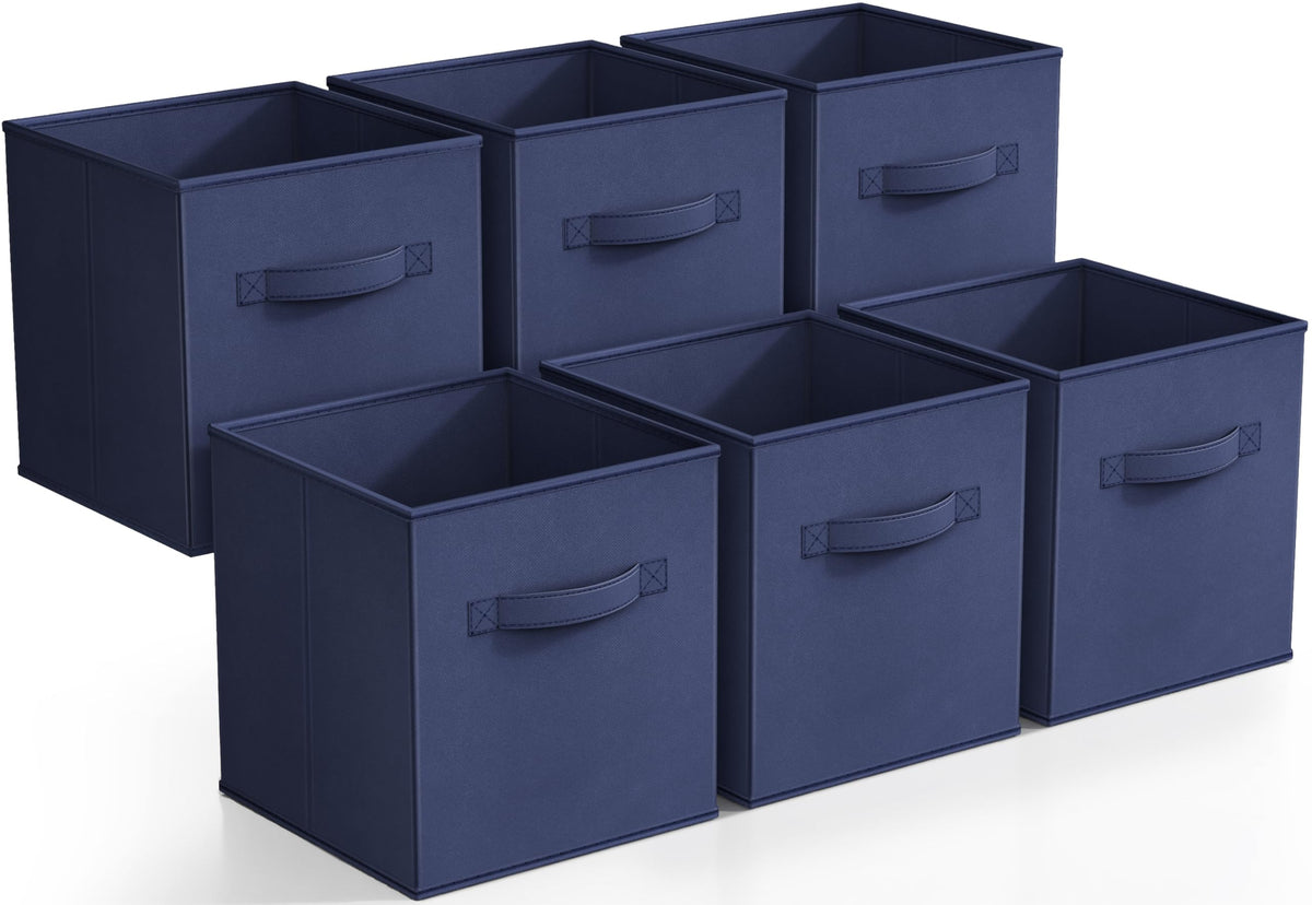 Sorbus navy blue foldable storage cubes on a shelf for tidy organization.